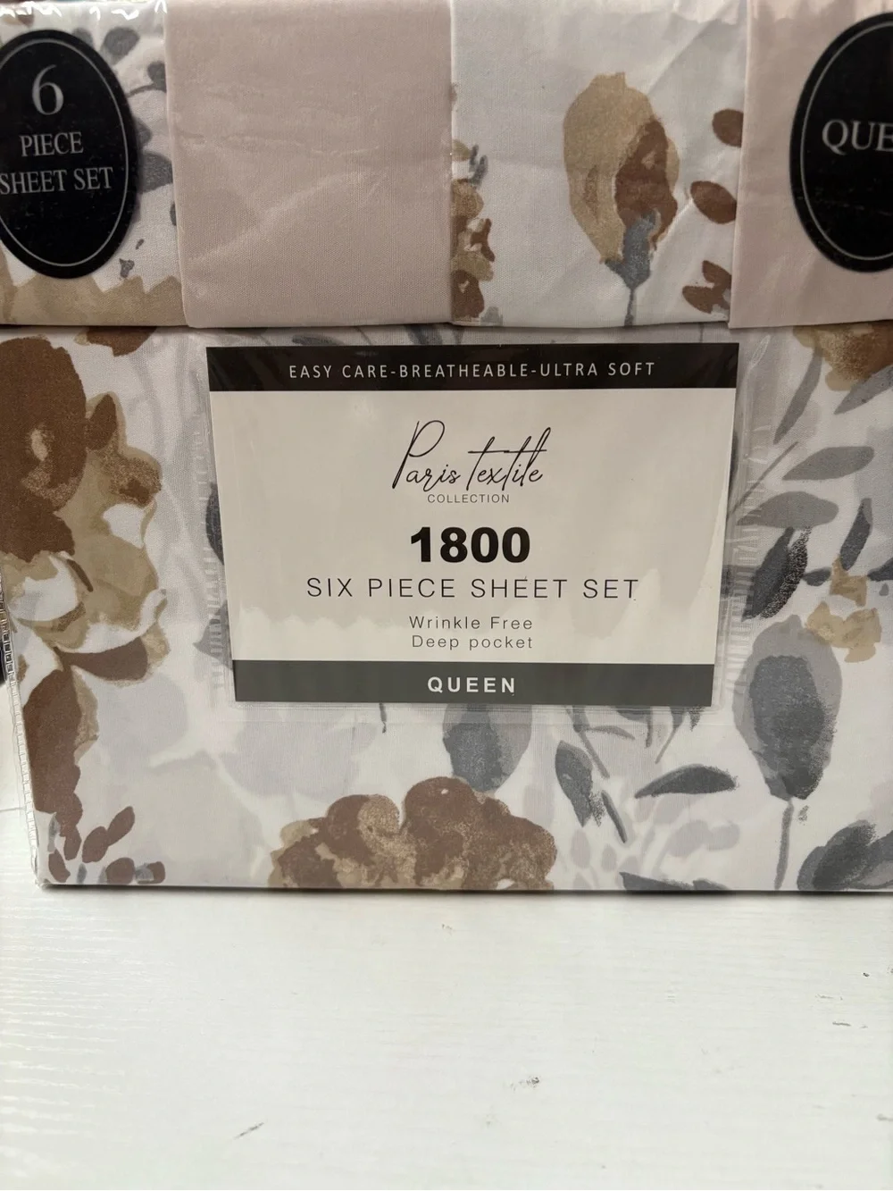 Paris Textile 1800 Six Piece Queen Sheet Set - Floral Taupe & Gray